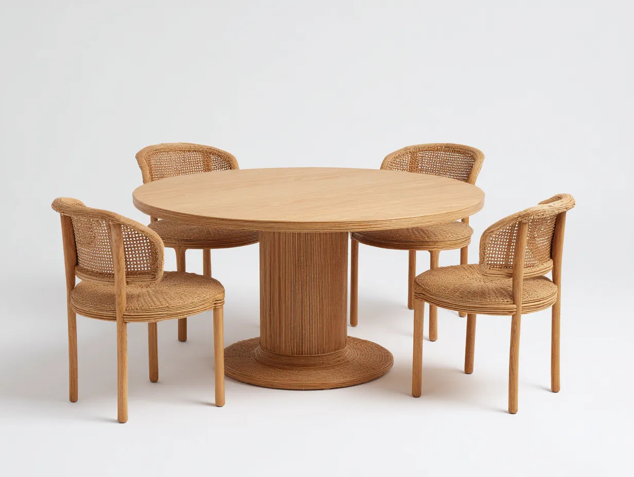Tisch- und Stuhl-Set 115 x 115 x 76 cm - Holz in Honigbraun mit Rattangeflecht - runder S?ulentisch mit 4 Armlehnst¨¹hlen