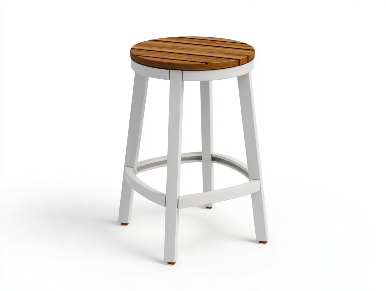 Barhocker rund mit Holzsitz 43x43x76 cm - Natur und Wei? - Lattenfl?che und Ringfu?st¨¹tze f¨¹r Au?enbereich