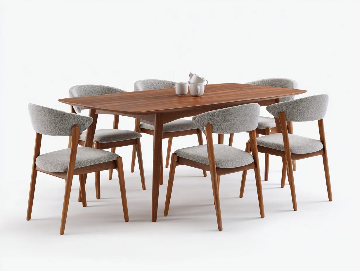 Tisch- und Stuhl-Set 190 x 90 x 76 cm - Holzwerkstoff in Walnussbraun und hellgrauer Stoff - rechteckiger Tisch mit 6 gepolsterten St¨¹hlen