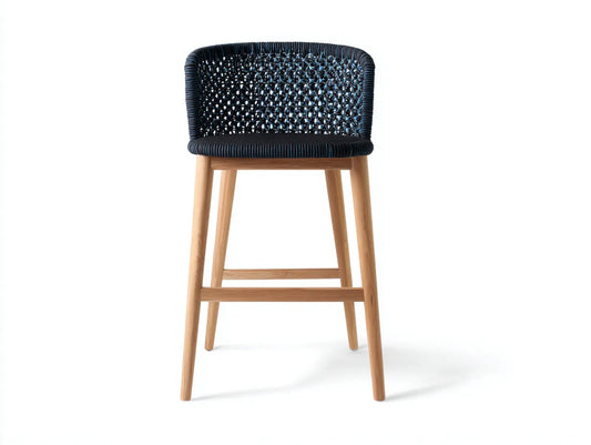 Barhocker mit Holzbeinen 55x54x101 cm - Natur und Dunkelblau - offene Geflechtlehne f¨¹r Au?enbereich