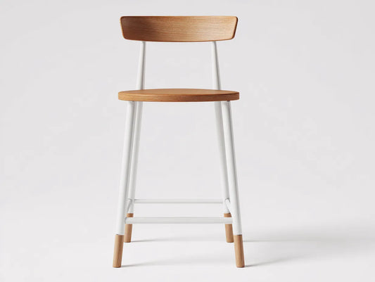 Barhocker mit Holzsitz und R¨¹ckenlehne 47x50x99 cm - Natur und Wei? - Metallgestell und Fu?ablage f¨¹r Au?enbereich