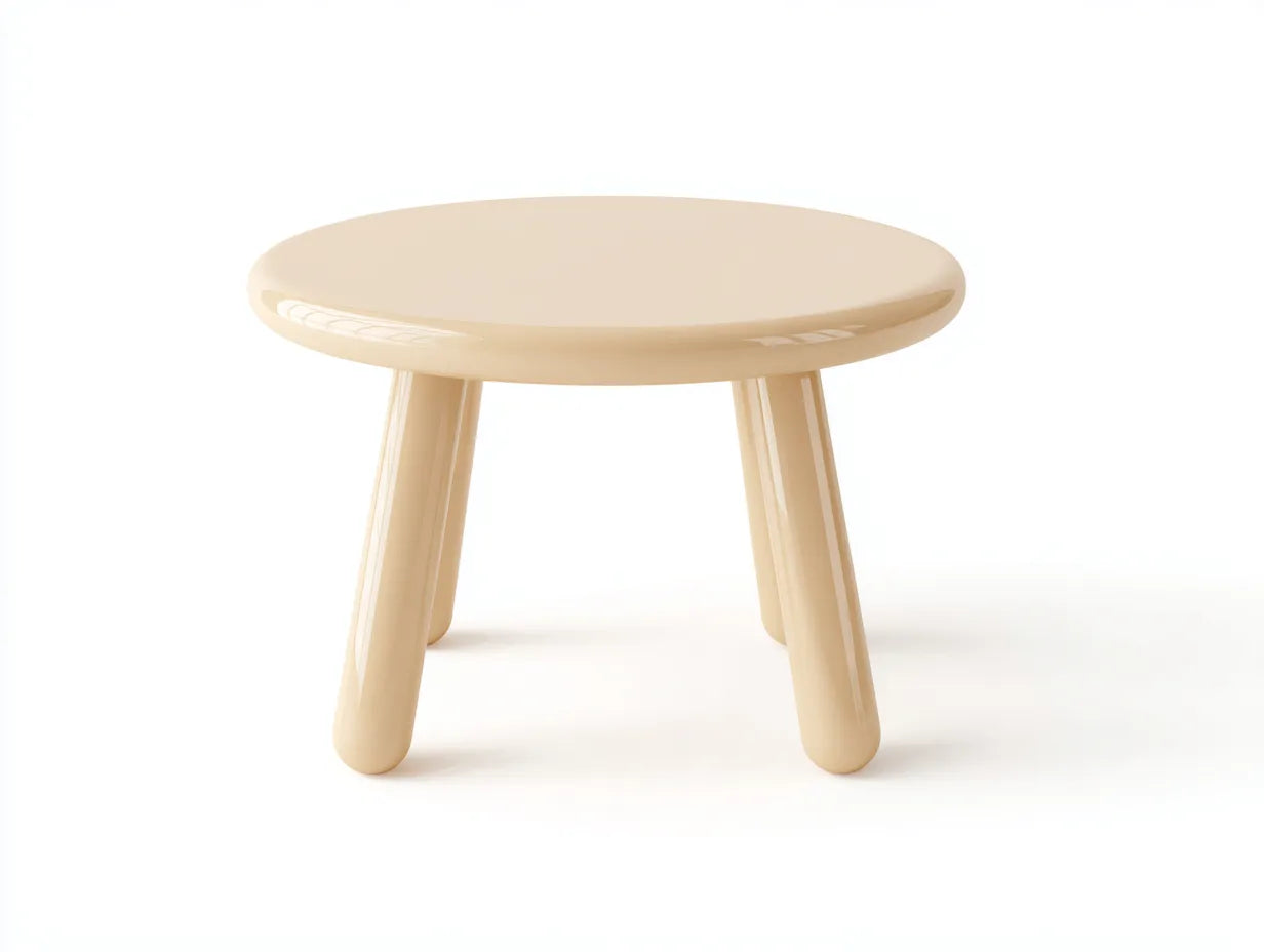 Runder Couchtisch 80 x 80 x 36 cm - lackierter Holzwerkstoff in Sandbeige - drei geneigte Rundbeine im modernen Stil