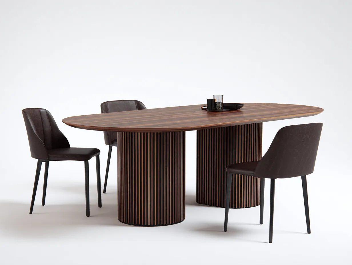 Tisch- und Stuhl-Set 180 x 90 x 76 cm - Holzwerkstoff in Walnussbraun mit schwarzem Lamellenfu? - ovaler Esstisch mit 3 gepolsterten St¨¹hlen