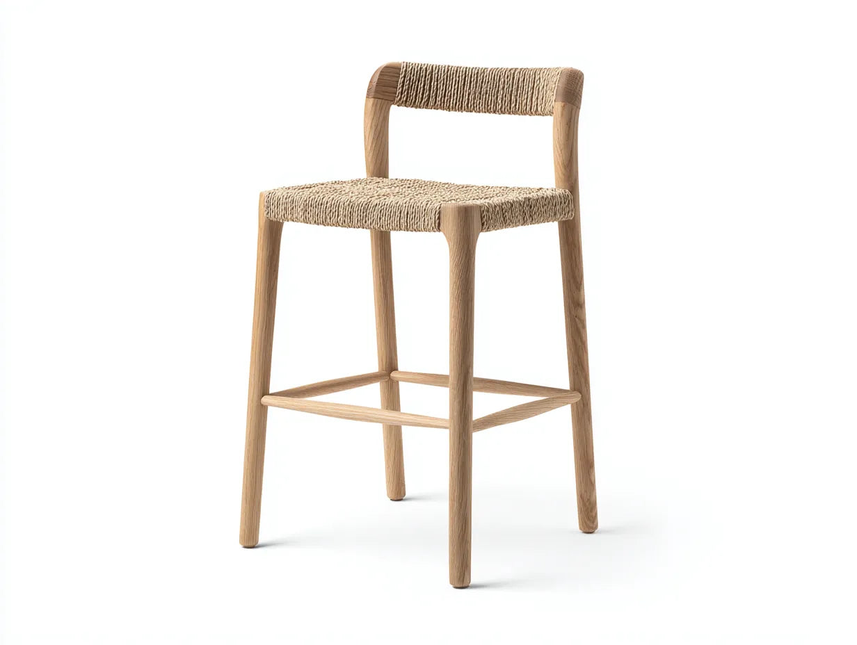 Barhocker aus Eichenholz 48x49x96 cm - Natur und Beige - geflochtener Sitz und Lehne f¨¹r Au?enbereich