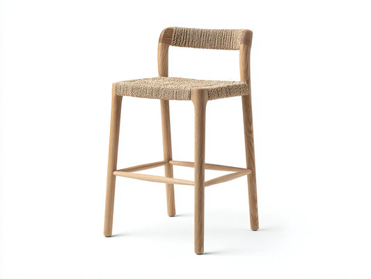 Barhocker aus Eichenholz 48x49x96 cm - Natur und Beige - geflochtener Sitz und Lehne f¨¹r Au?enbereich