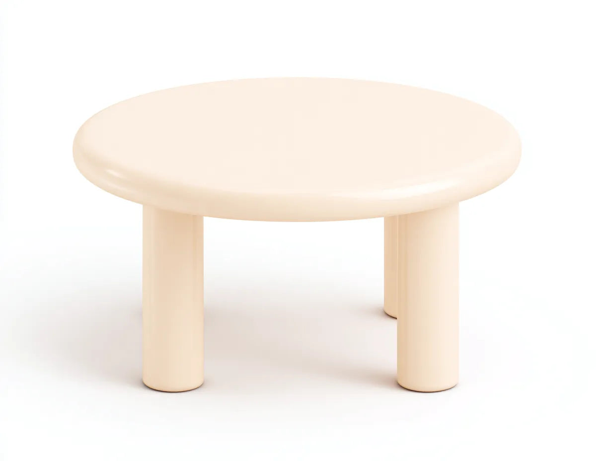 Runder Couchtisch 92 x 92 x 39 cm - lackierter Holzwerkstoff in Vanillebeige - drei S?ulenbeine und weich gerundete Platte