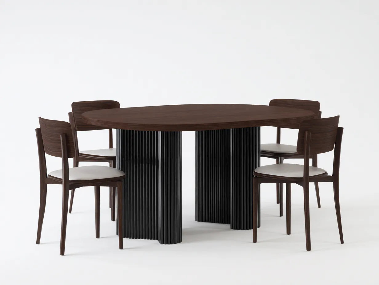 Tisch- und Stuhl-Set 175 x 90 x 76 cm - Holzwerkstoff in Dunkelbraun mit schwarzem S?ulenfu? - ovaler Tisch mit 4 St¨¹hlen und hellen Sitzpolstern